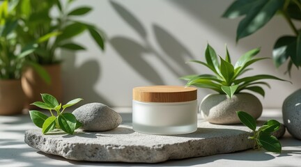 Natural skincare cream jar with green plants and shadows