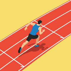 Obraz premium A male runner sprints down a red running track, focused on the finish line ahead.