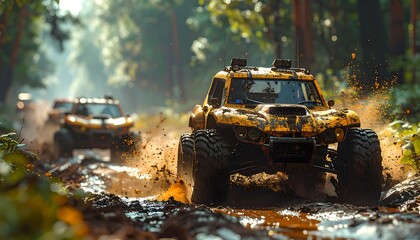 Experience the thrill of off-road racing with a dynamic yellow truck splashing through mud in a lush forest, perfect for adventure seekers and automotive enthusiasts