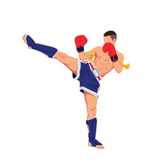 A stylized illustration of a male Muay Thai fighter executing a powerful kick.