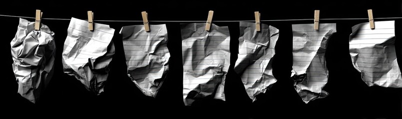 Crumpled papers hanging on a clothesline