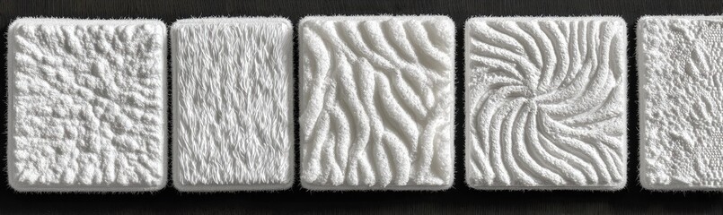 Five square tiles with varied textured patterns