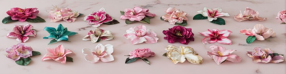 Decorative flowers in various colors and shades of pink, mauve, and teal, arranged on a light pink surface