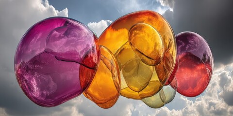 Abstract art piece of overlapping, colorful, translucent spheres against a cloudy sky