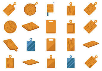 Various cutting boards with differing shapes colors and designs are arranged against a white background