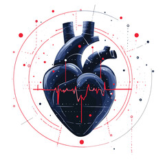 Abstract blue human heart with red cardio pulse line and red circle. Healthcare medical concept , vector style simple color