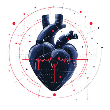 Abstract blue human heart with red cardio pulse line and red circle. Healthcare medical concept , vector style simple color