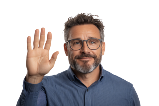 A smiling man with glasses waving hello, promoting friendliness and approachability on a transparent background.