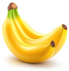 Three ripe bananas, curved and clustered, against a white background.  Bright yellow peels, green stems, and a smooth texture are clearly visible