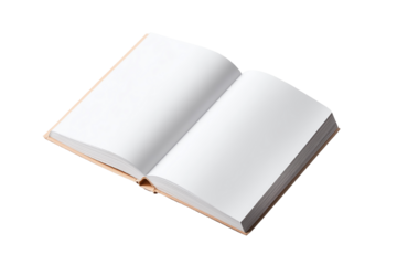 An open blank book on a white background, ideal for mockups, templates, or creative projects.