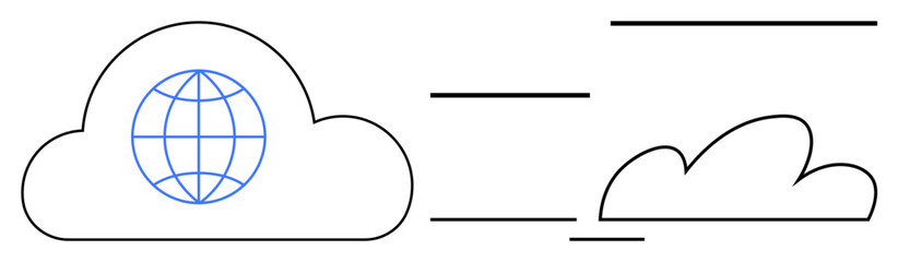Globe inside cloud denotes global network and internet. Adjacent clouds and lines suggest data flow and connection. Ideal for technology, internet, global communications, networking, cloud storage