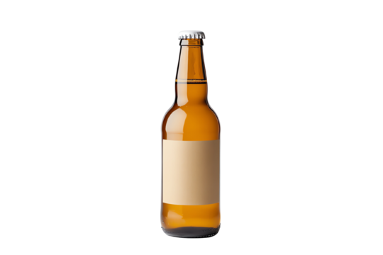 Amber beer bottle with a blank label, isolated on a white background for product design or branding.