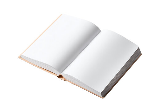 An open blank book on a white background, ideal for mockups, templates, or creative projects.