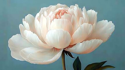 Elegant White Peony Flower Subtle Pink Hues and Blue Background bloom blossom