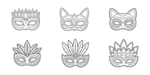 Elegant carnival masks collection line art set illustration icon vector