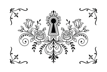 Victorian Frame Design with Center Keyhole and Elegant Floral Flourishes Vector Art