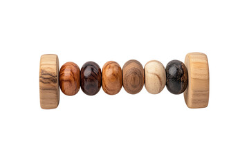 Colorful wooden toy with various shapes, isolated on a white background.
