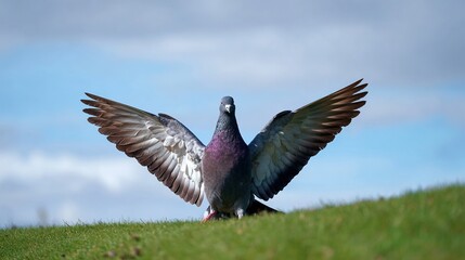 Obraz premium A full-bodied grey pigeon with a purple and pink head, wings spread wide, standing on a lush grassy field, showcasing its detailed feathers and vibrant head colors in a natural outdoor setting.