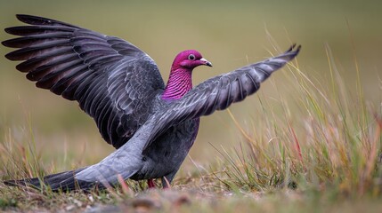 Naklejka premium A full-bodied grey pigeon with a purple and pink head, wings spread wide, standing on a lush grassy field, showcasing its detailed feathers and vibrant head colors in a natural outdoor setting.