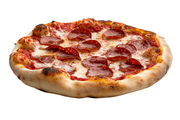 Delicious pepperoni pizza with crispy crust, melted cheese, and savory toppings on a white isolated background.
