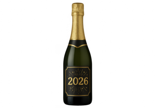 Champagne bottle celebrating new year's eve 2026 with transparent background