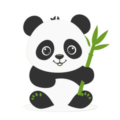 Naklejka premium Cute Panda Bear Cartoon Sitting Holding Bamboo Stick on White Background
