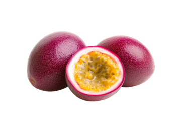 Fresh passion fruit on white background, showcasing vibrant purple skin and juicy yellow pulp, perfect for culinary creations.