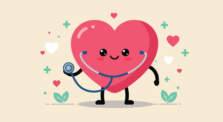 Adorable Cartoon Heart Character Holding Stethoscope.