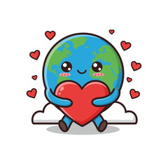 Cute Cartoon Earth Holding a Big Red Heart.