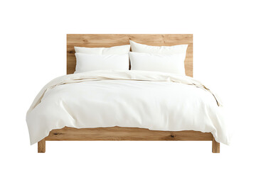 Modern wooden bed with white bedding and decorative pillows, designed for comfort and style.