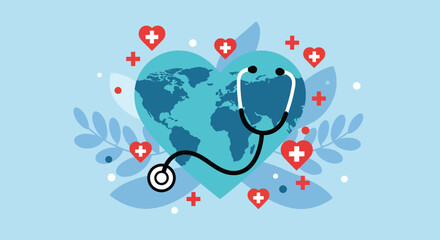 Heart Shaped Earth with Stethoscope and Medical Symbols.