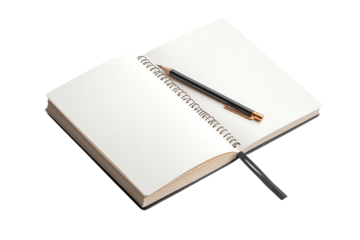 Open sketchbook with blank pages, pencil resting on top, ideal for creativity and artistic expression.