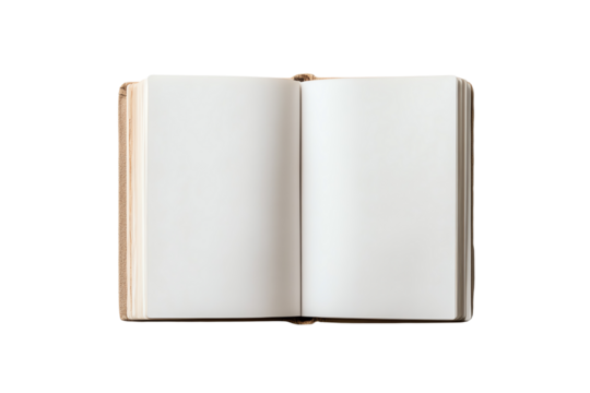 Open book with blank pages on a white isolated background, ideal for inserts and customization.