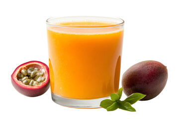 Refreshing passion fruit juice in a glass, surrounded by fresh fruits on a white isolated background.