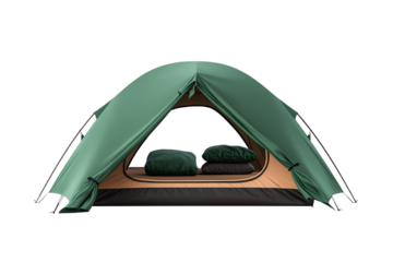 Spacious green camping tent with two sleeping bags inside, perfect for outdoor adventures.