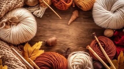 Knitting supplies and cozy yarn in warm earthy tones arranged in a fall circle with leaves and copy space, autumn hobby banner