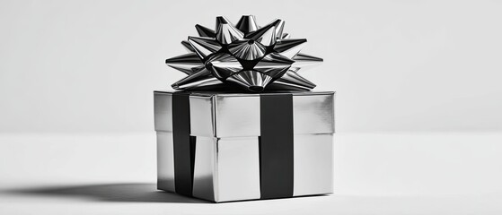 A silver gift box with a black ribbon bow sits on a plain white background