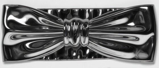 A decorative, stylized bow, likely a metal ornament, features flowing, sculpted lines and reflective surface