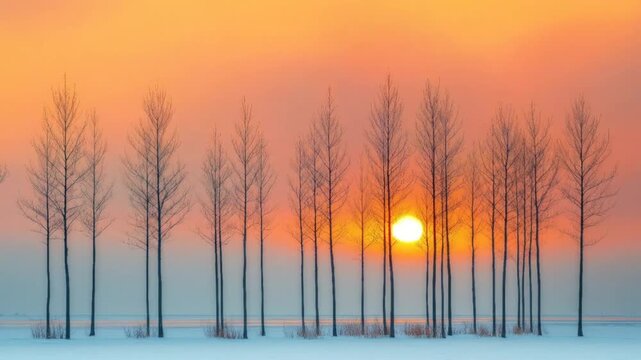 A row of bare winter trees stands tall against a serene, colorful sunrise.