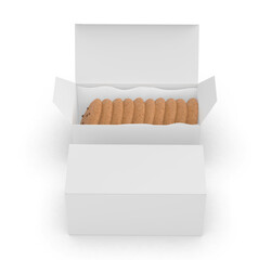 Blank cookie packaging mockups featuring chocolate chip cookies in modern containers. Mockup template. 3D render illustration.