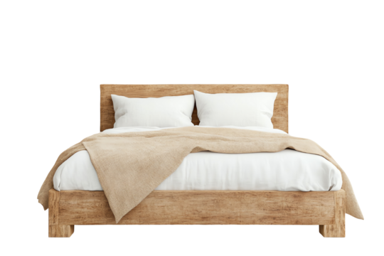 Stylish wooden bed with a cozy blanket and pillows, perfect for a relaxing bedroom atmosphere.