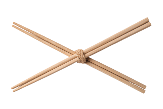 Two bamboo chopsticks crossed with a knot on a white isolated background.