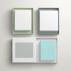 Four blank boxes, various colors, in a grid