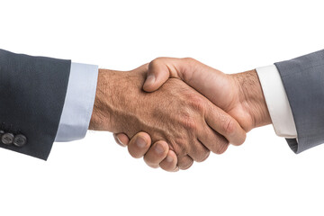 Two hands shaking in a business agreement on a white isolated background.