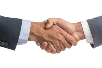 Two hands shaking in a business agreement on a white isolated background.