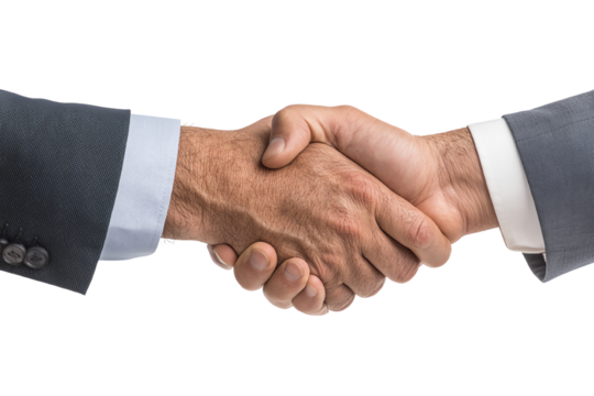 Two hands shaking in a business agreement on a white isolated background.