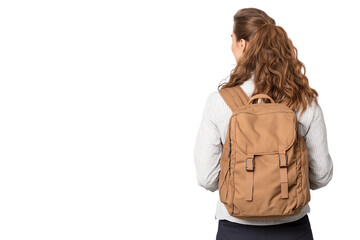 Young woman with backpack, looking away, casual attire, perfect for travel or adventure concepts.