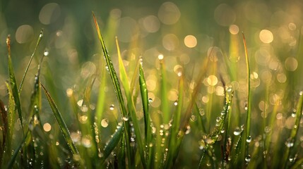 A close up of dewdrops on fresh green grass in the soft light of early morning