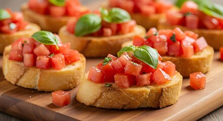 Bruschettas with tomato, olive oil, fresh basil on bread, Italian appetizer and gourmet flavor shown.