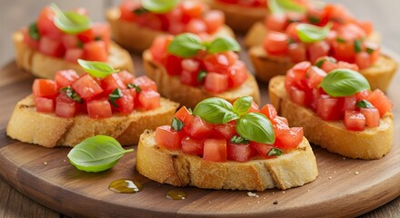 Bruschettas with tomato, olive oil, fresh basil on bread, Italian appetizer and gourmet flavor shown.